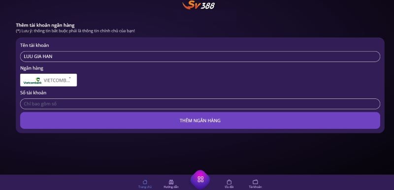 Chọn “Thêm ngân hàng” trước khi rút tiền tại SV388