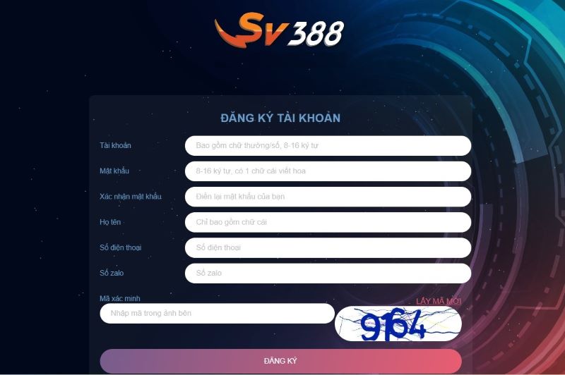 Giao diện đăng ký SV388